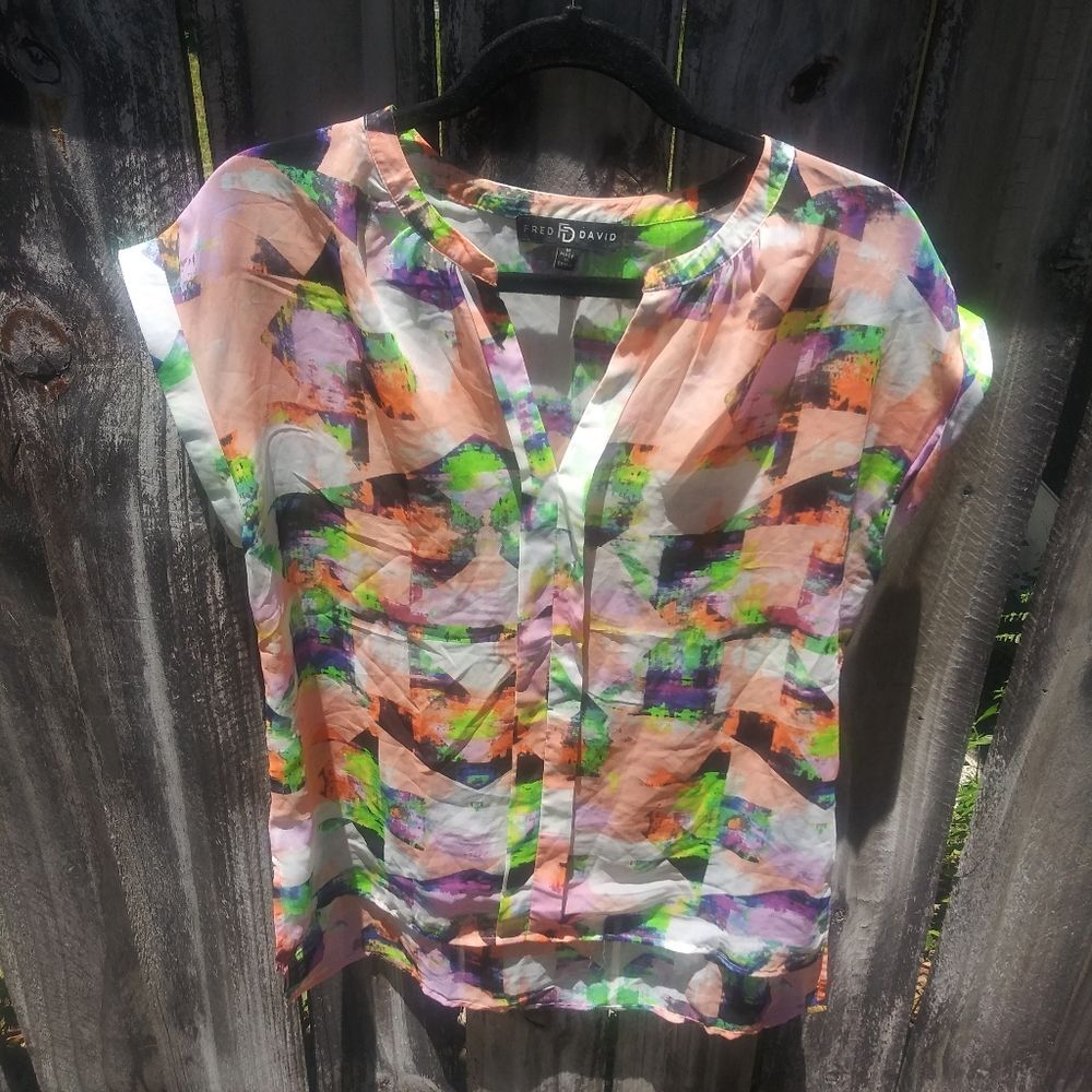 Fred David Pastel Colorful Classic Lightweight Sheer V-neck Y2K Top Size Medium